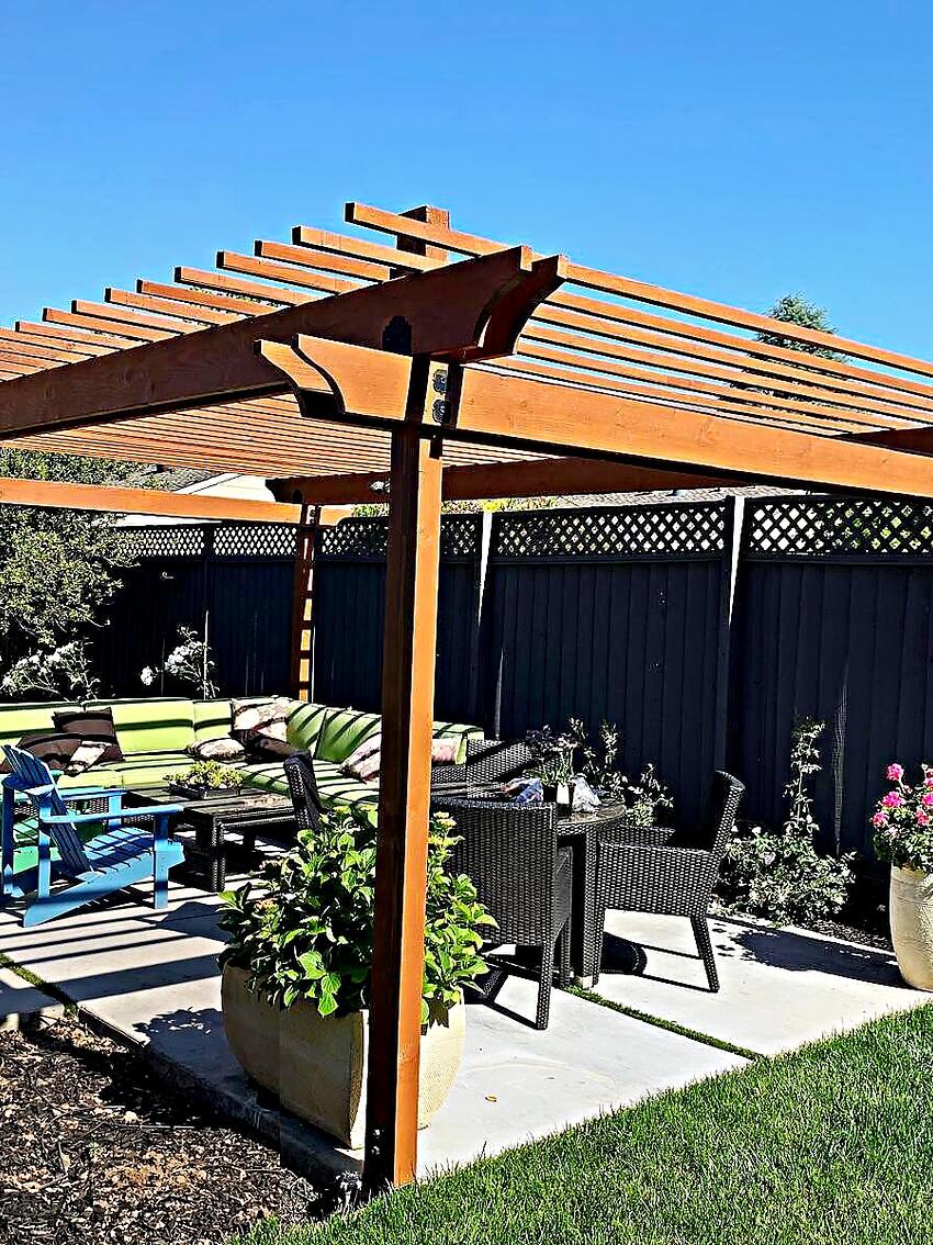 Redwood pergola and patio completed in a Peninsula backyard