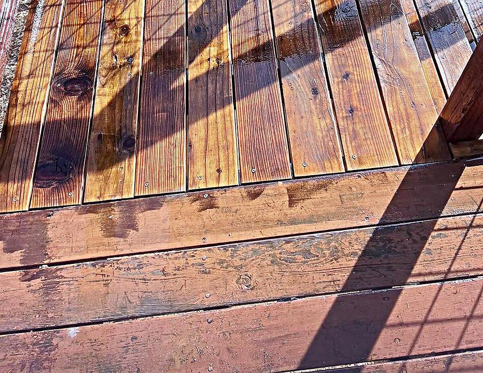 Redwood deck boards after sanding and sealing